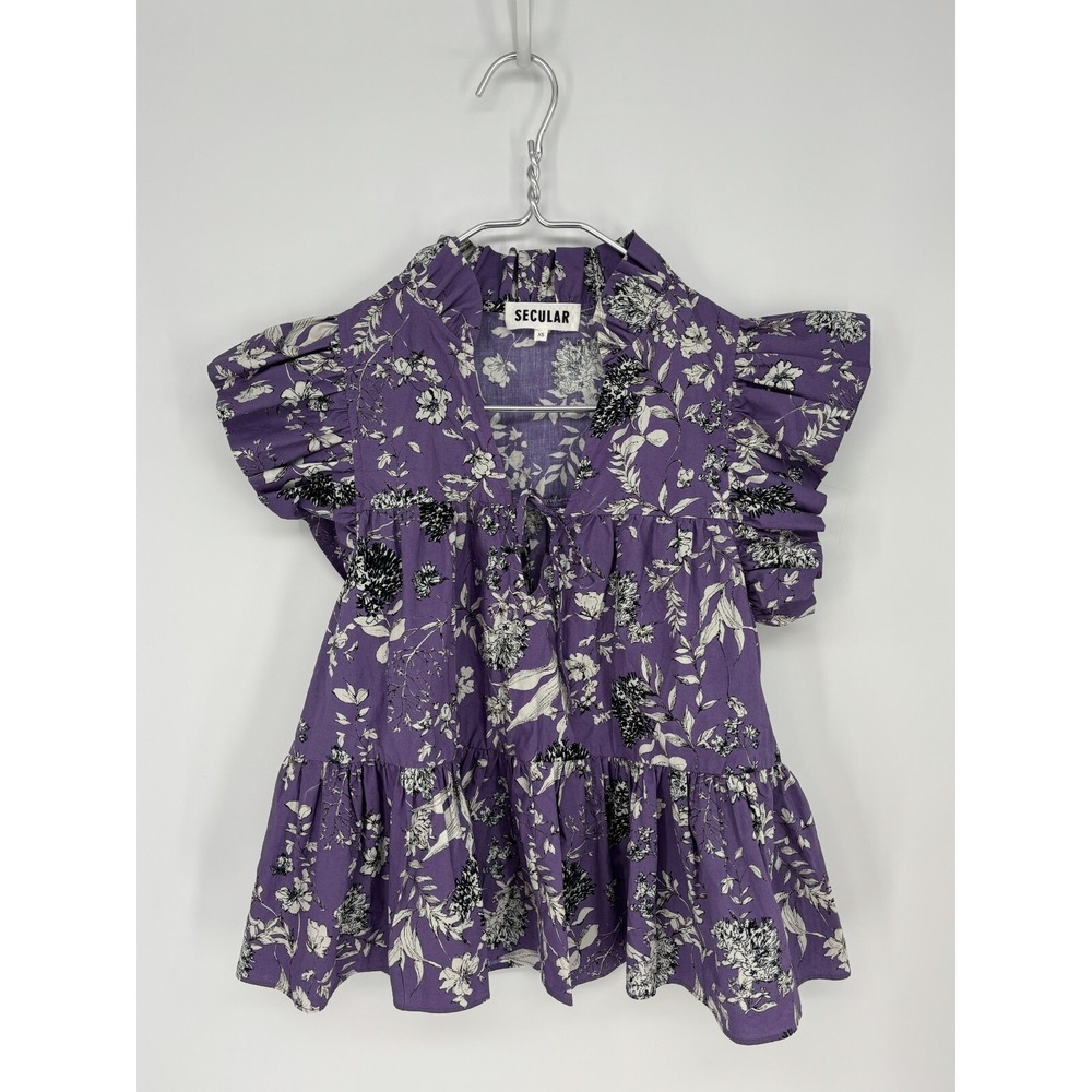 Secular Blouse XS Purple Floral Ruffle Cotton USA Made Tie